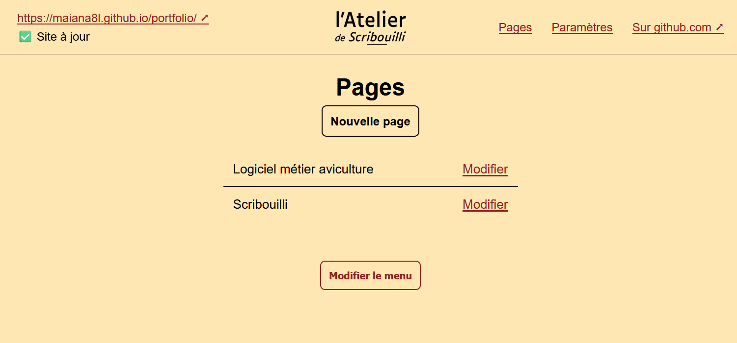 Atelier de Scribouilli permettant de créer une nouvelle page ou de changer l'ordre des pages dans le menu de son site, mais aussi, via l'entête, d'accéder à son site, et au paramétrage