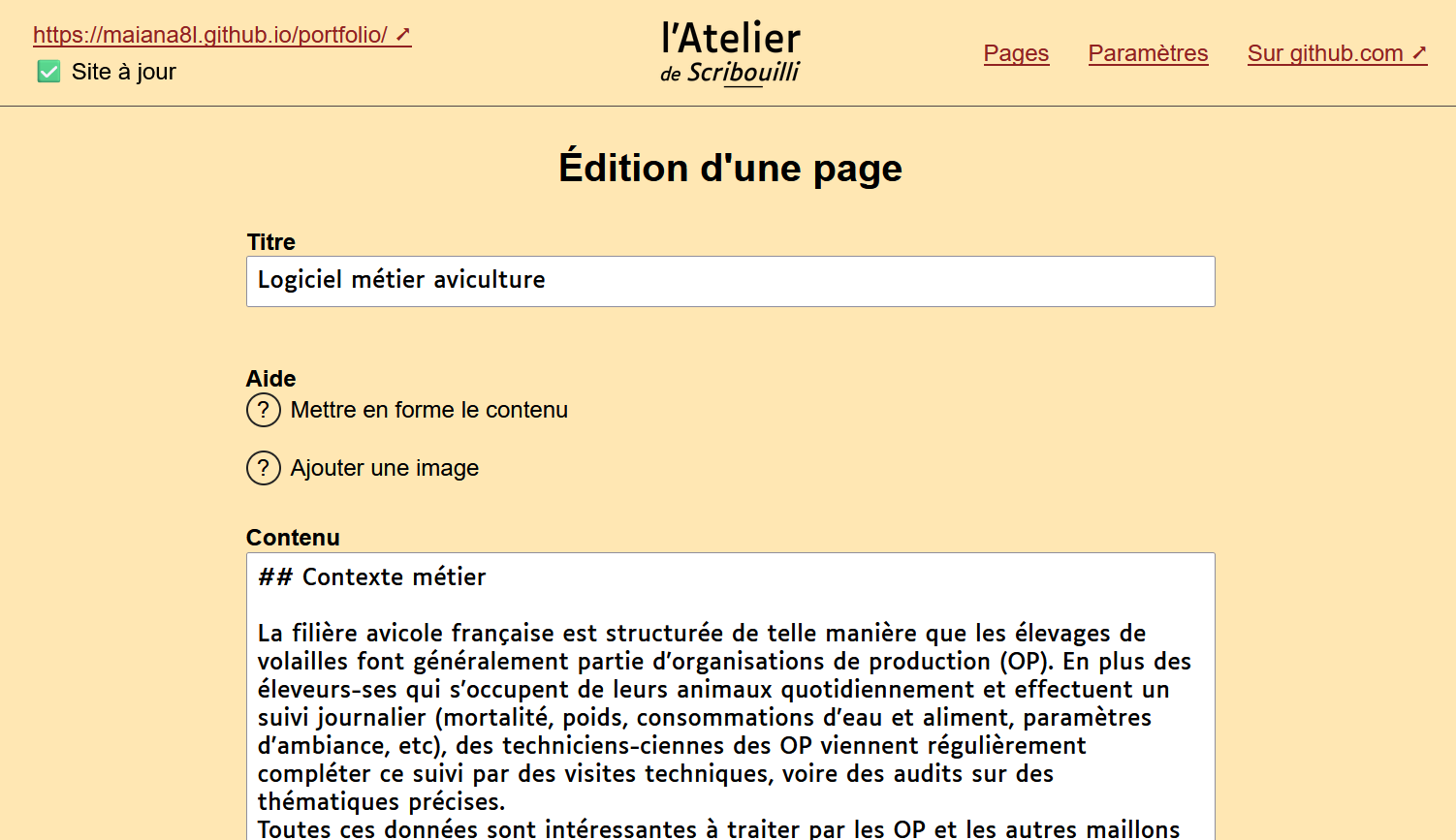 Ecran d'édition d'une page dans laquelle on peut renseigner un titre puis son contenu en utilisant le langage markdown. Une aide explique comment insérer des photos et fournit des liens pour expliquer le markdown ou comment personnaliser sa page