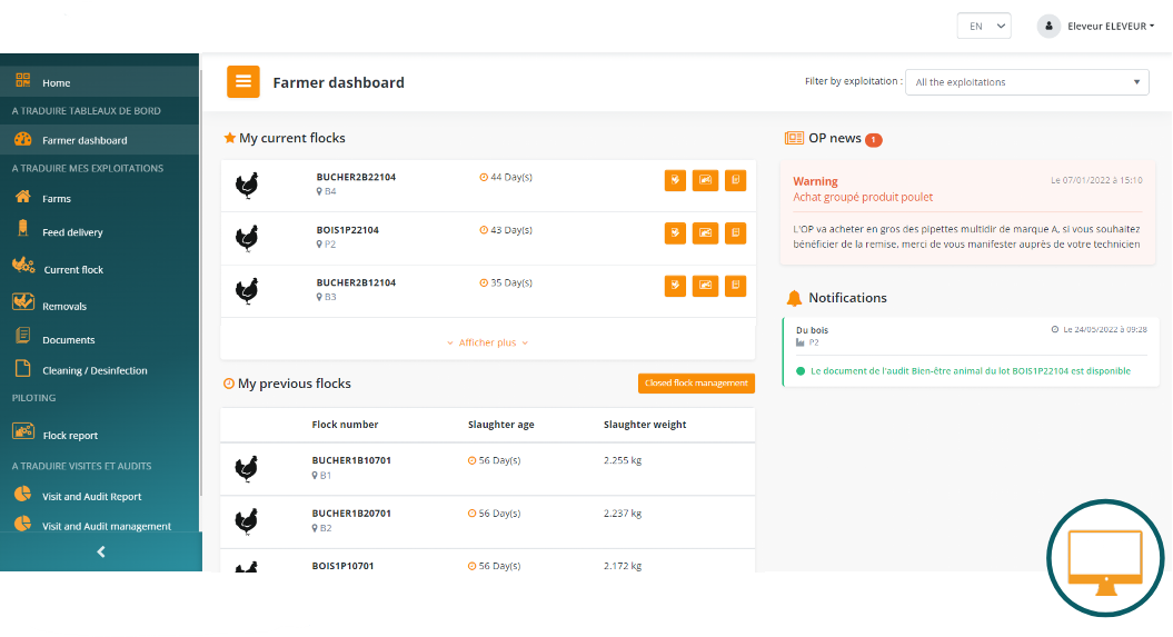 Page d'accueil web d'un utilisateur type profil éleveur avec le menu pour accéder aux différentes fonctionnalités à gauche, des accès rapides concernant ses lots de volailles en cours et passés au centre, des widgets de rappels et notifications à droite